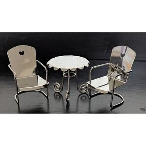 Miniature Metal Patio/Bistro Set Silver (3 Pcs) Heart Cutouts Curled Table Legs